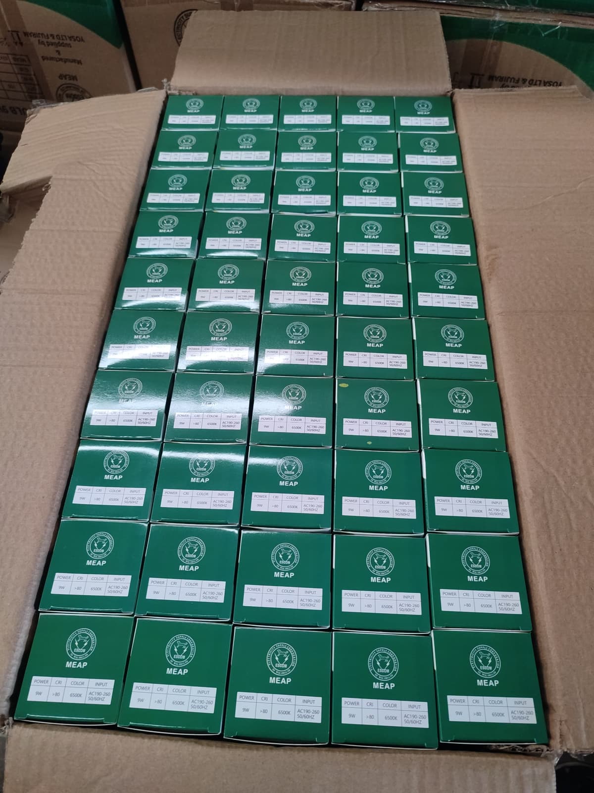 Green MEAP product boxes in cardboard container