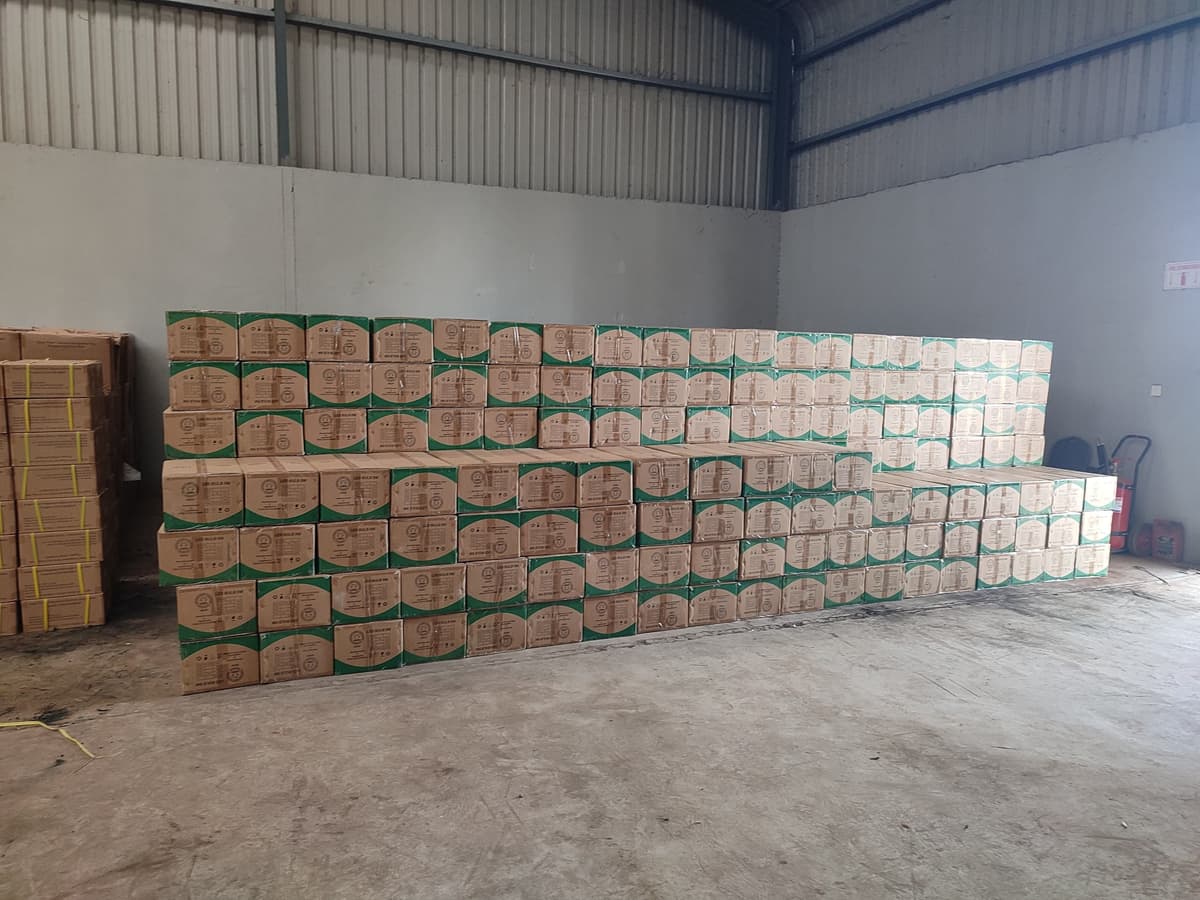 Stacked MEAP boxes in warehouse storage